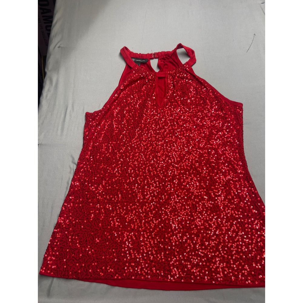 INC International Concepts Red Sequin Halter Top Keyhole Neck Sleeveless Large